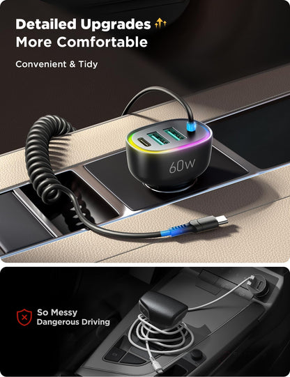 JOYROOM 60W USB-C Car Charger with Coiled Cable