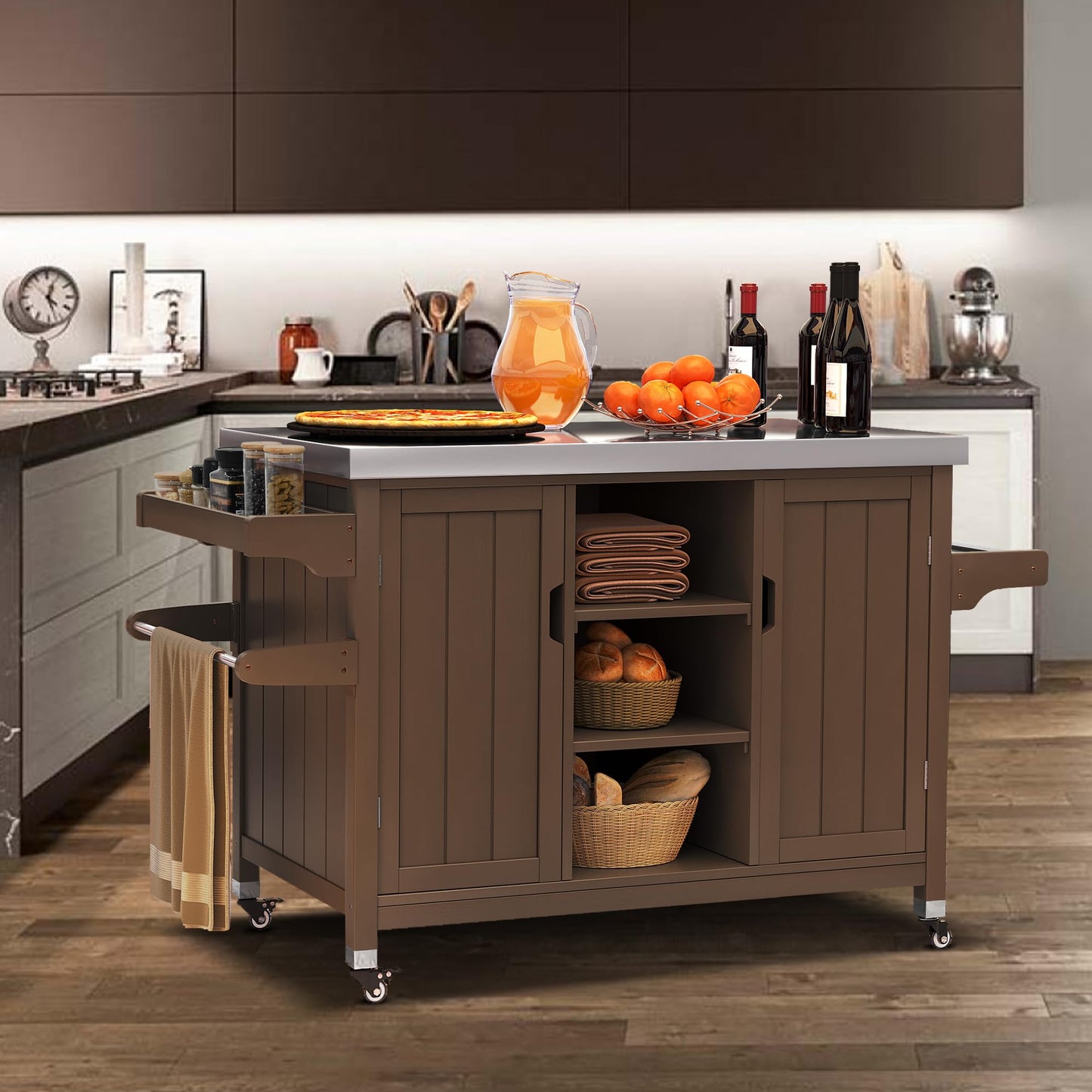 YITAHOME XL Solid Wood Grill Cart Outdoor Storage Cabinet Movable Patio Table with Stainless Steel Top, Spice Rack, and Side Handle, Outdoor Kitchen Island Bar Cart, Brown