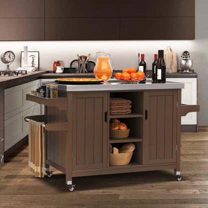 YITAHOME XL Solid Wood Grill Cart Outdoor Storage Cabinet Movable Patio Table with Stainless Steel Top, Spice Rack, and Side Handle, Outdoor Kitchen Island Bar Cart, Brown