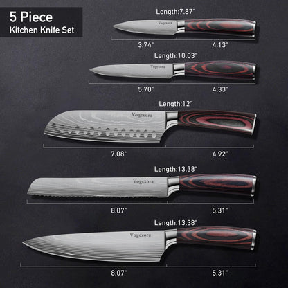 Vorgexora 5 Pcs Chefs Kitchen Sharp Knife Set - Japanese Professional Cooking Cutting Knives for Meat Vegetable Bread and Paring, High Carbon Stainless Steel Santoku