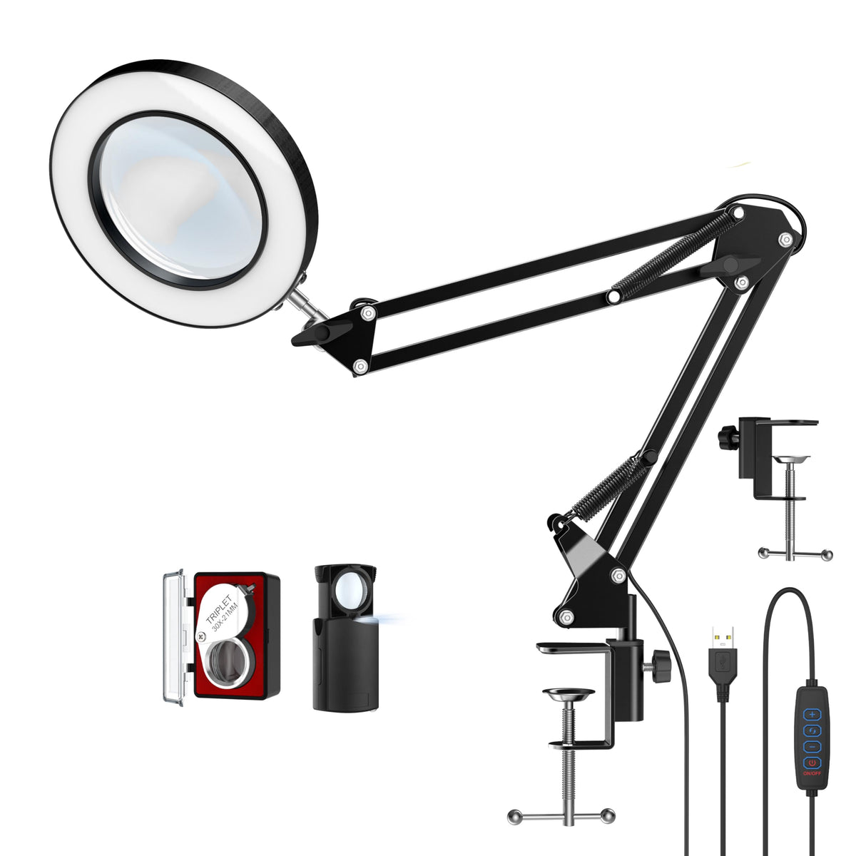 10X LED Magnifying Desk Lamp with Clamp, 2 Loupes