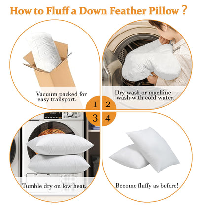 Goose Down Feather Pillows Standard Size Set of 2 Pack (20x26in) White Breathable Fluffy Hotel Collection Bed Pillows for Sleeping Medium Firm Support for Back Stomach or Side Sleepers