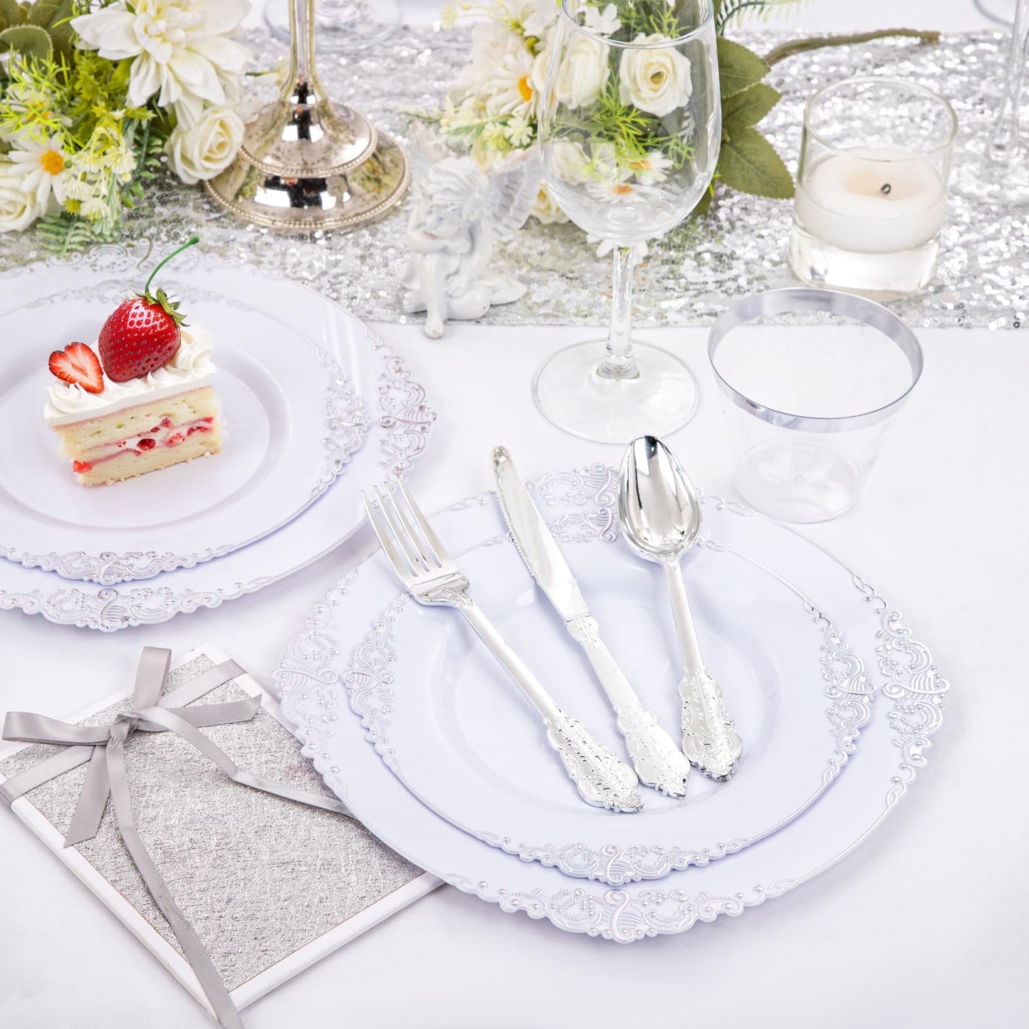 Silver Disposable Dinnerware Set for 50 Guests
