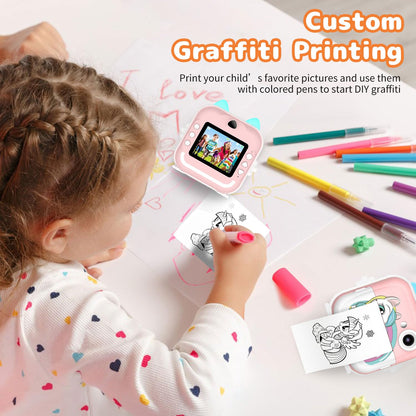 Instant Print Camera for Kids, Christmas Birthday Gifts for Girls Boys, Selfie Digital Camera with 1080P Videos, Portable Travel Camera Toy for 6+ Years Old Girl with Print Paper & 32G Card