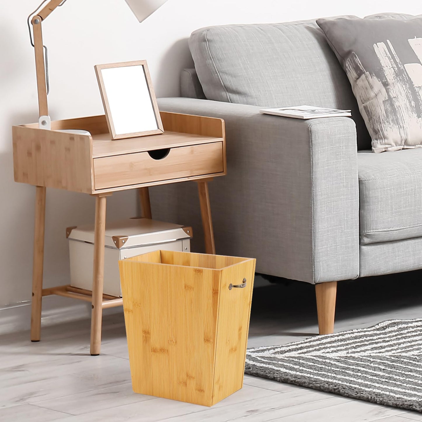 SEHERTIWY Wood Trash Can, Farmhouse Wastebasket Bin for Bathroom, Office, Bedroom, Living Room, Small Square Rustic Garbage Container with Metal Handle (Bamboo-Yellow-Handle)