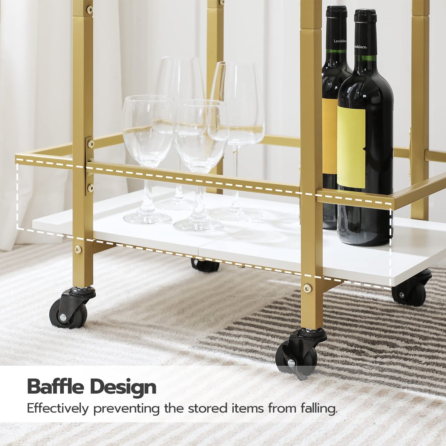 HOOBRO Gold Bar Cart for Home, 2-Tier Serving Cart with Lockable Wheels, Wine Cart with Wine Rack for Small Spaces, Rolling Wine Cart for Living Room, Party, Bar, White and Gold DW56TC01