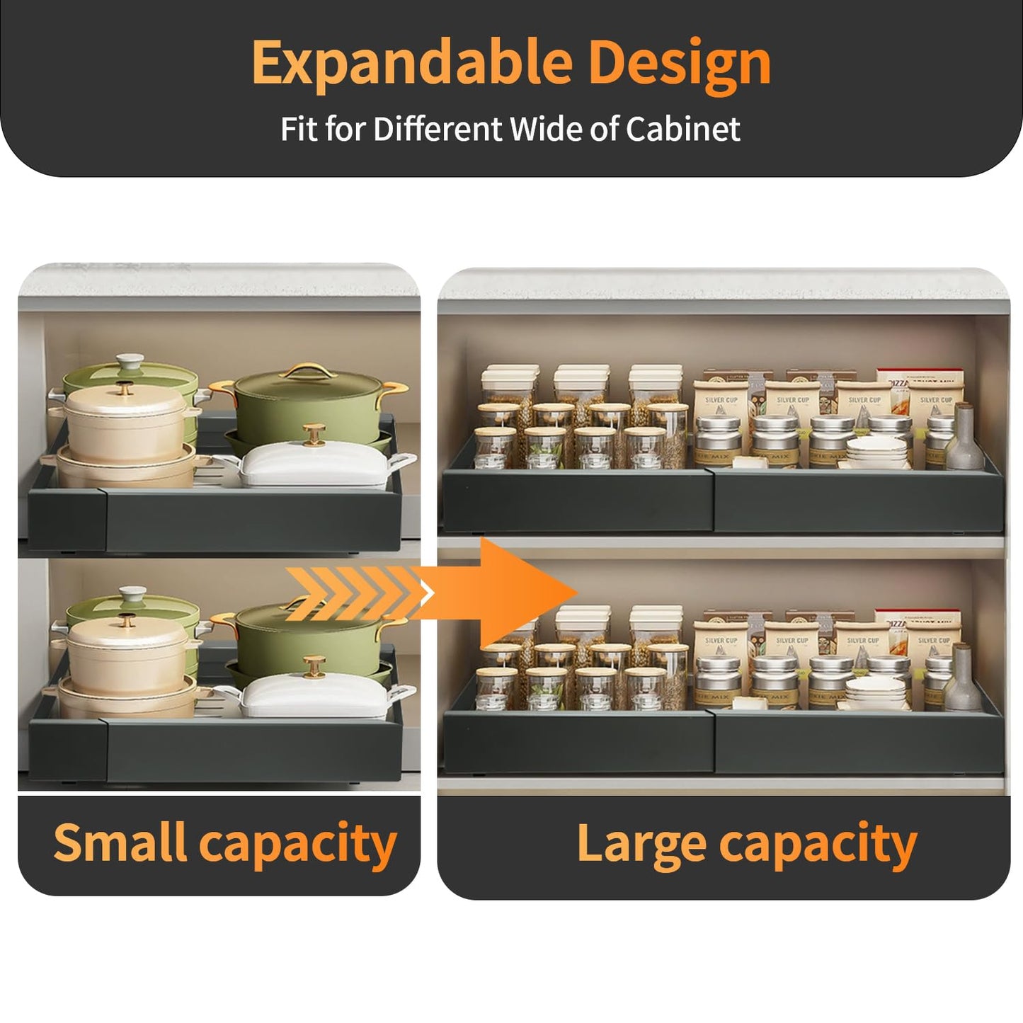 Pull Out Cabinet Organizer, Expandable Heavy Duty Slide Out Drawers with Adhesive Nano Film for Pots, Roll Out Shelf Storage for Kitchen Base Cabinet Organization, Pantry, Bathroom (Gray, 16.9" Deep)