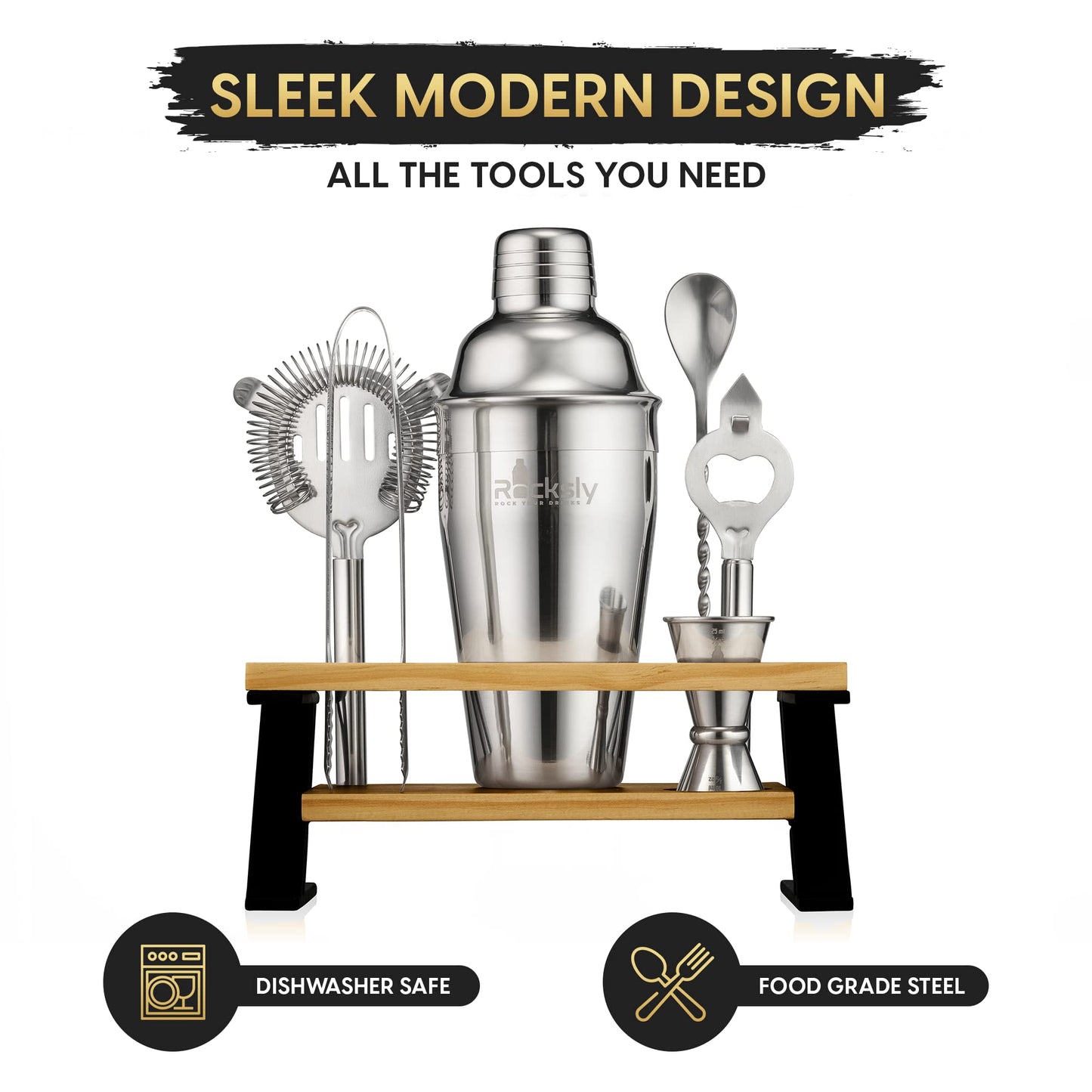 ROCKSLY MIXOLOGY BAR Set Premium Bartender Kit, Zig-Zag Tool Stand, 18 Oz Cocktail Shaker, Strainer, Jigger, Spoon, Tongs, Bottle Opener, Recipe Book