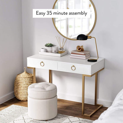 Nathan James Leighton Two-Drawer Writing Glam Accents Brass, Home Office Computer Desk or Vanity Table, 2, White/Gold, Small