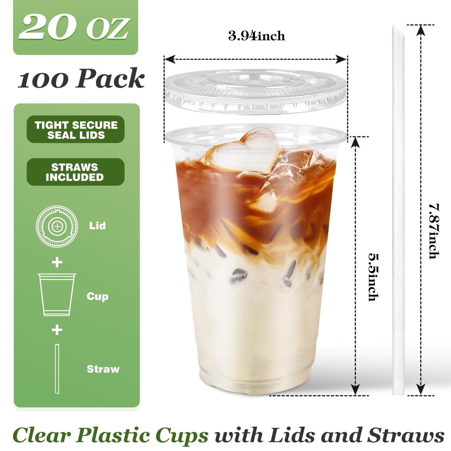 100 Pack Clear Plastic Cups with Lids and Straws