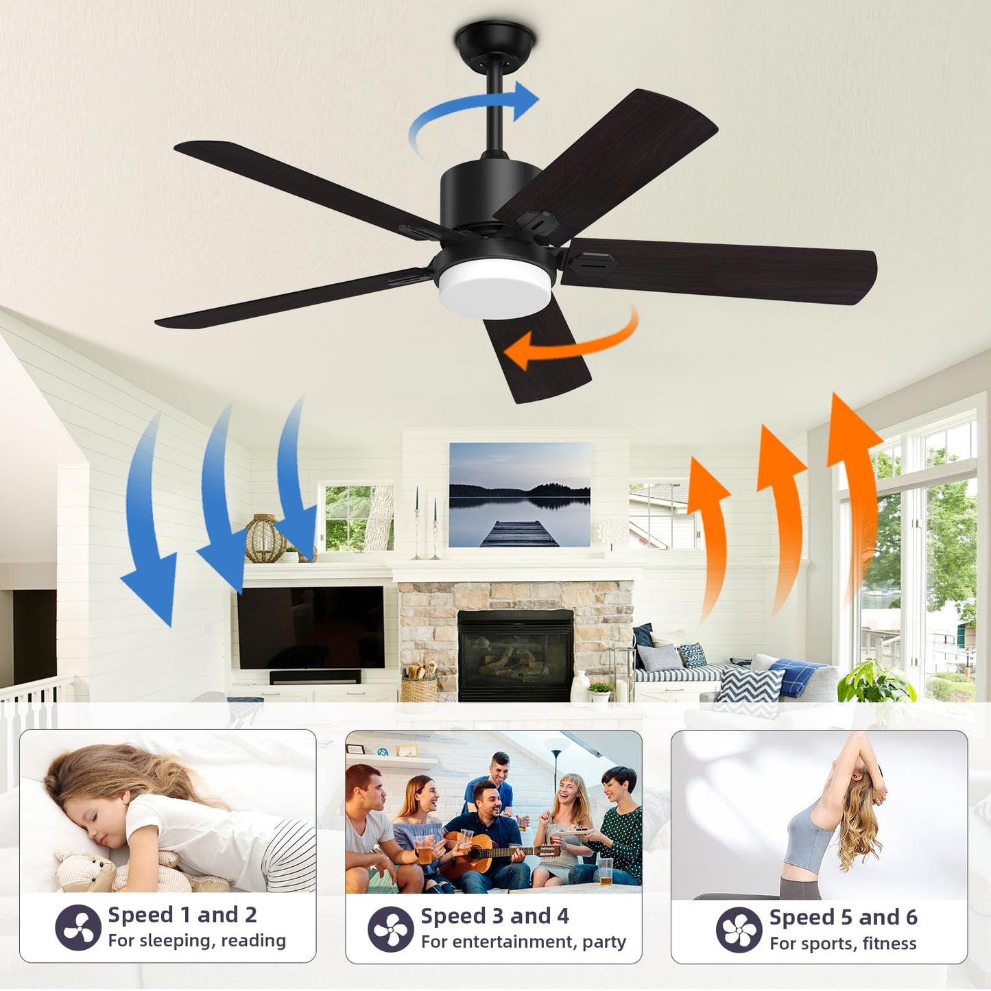 Jayjuly Ceiling Fans with Lights and Remote, Black Outdoor Fan with Adjustable Light 6 Speed Reversible DC Motor, 5 Blades Fan for Patio Bedroom Porch, 52 Inch