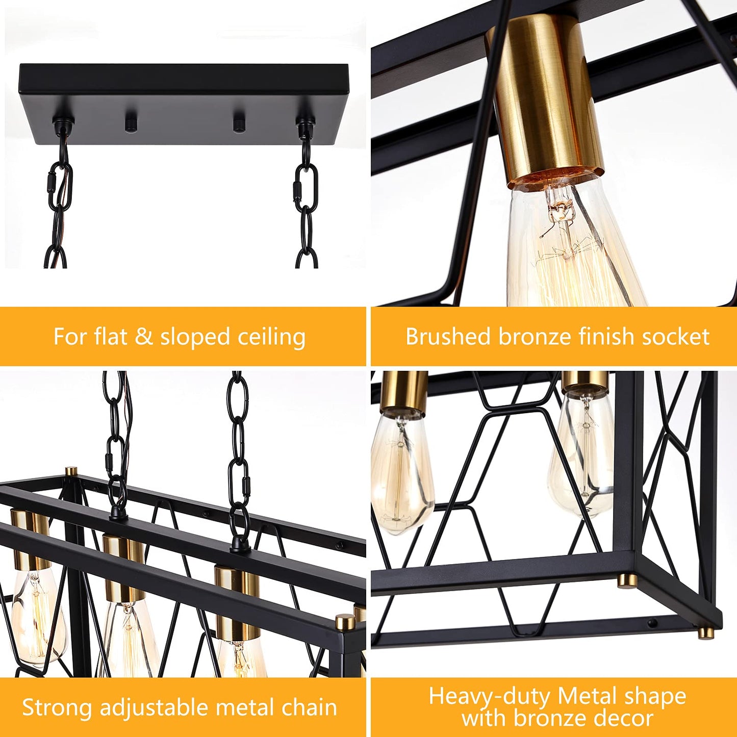 Luburs Rectangle Chandeliers for Dining Room, Black Farmhouse Dining Room Light Fixture, 4-Lights Kitchen Island Light, Modern Industrial Rustic Island Lights for Dining Room, Kitchen Island