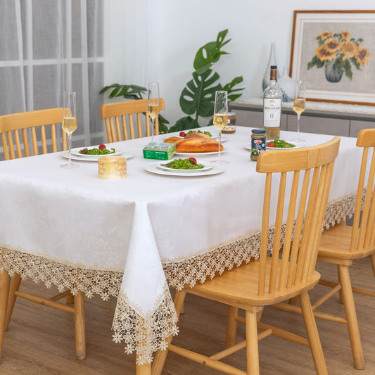 Beige Lace Waterproof Rectangle Tablecloth for Events