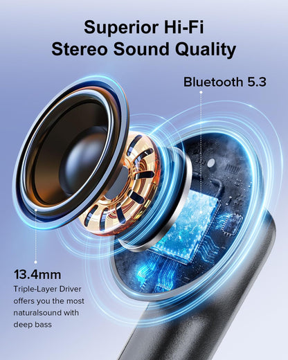 TUMJUN Wireless Earbuds, 42H Playtime Bluetooth 5.3 Headphones, HiFi Stereo Call Noise Cancelling Earbuds, IPX7 Waterproof Stereo in-Ear Earphones with LED Display for iOS Android Cell Phone (Black)