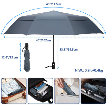 VELLUXE Portable Large Umbrella for Rain, Vented Windproof Double Umbrella, Foldable Golf Umbrella, Compact Travel Umbrella, Automatic Umbrella for adults, Grey Umbrella