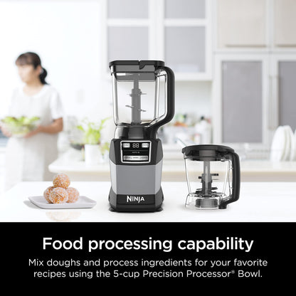 Ninja Blender, Compact Kitchen System, 1200W, 3 Functions for Smoothies, Dough & Frozen Drinks with Auto-IQ, 72-oz.* Blender Pitcher, 40-oz. Processor Bowl & 18-oz. Single-Serve Cup, Grey, AMZ493BRN