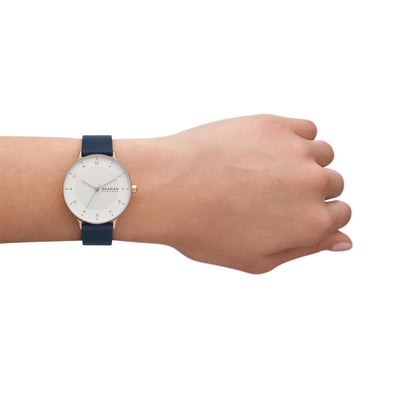 Skagen Women's Riis Three-Hand Rose Gold-Tone Stainless Steel and Blue Leather Band Watch (Model: SKW3090)