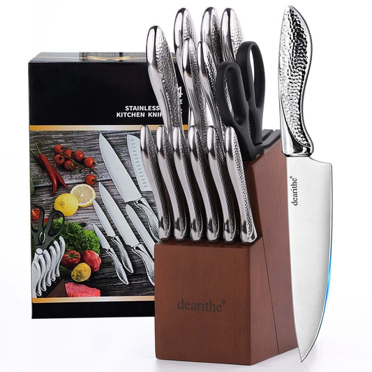 Kitchen Knife Set, dearithe 14 Piece High Carbon Stainless Steel Knife Block Set with Built-in Sharpener, Professional Chef Knife Set, Knife Sets for Kitchen with Block