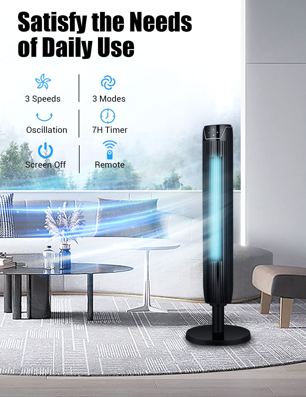 KopBeau Tower Fan for Bedroom, 42 Inch Oscillating Cooling Fans with Remote, Quiet Bladeless Floor Powerful Fan, 3 Modes, Buit-in 7Hrs Timer and LED Display, Standing Fans for Home Office, Black