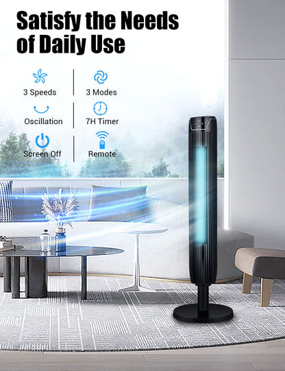 KopBeau Tower Fan for Bedroom, 42 Inch Oscillating Cooling Fans with Remote, Quiet Bladeless Floor Powerful Fan, 3 Modes, Buit-in 7Hrs Timer and LED Display, Standing Fans for Home Office, Black