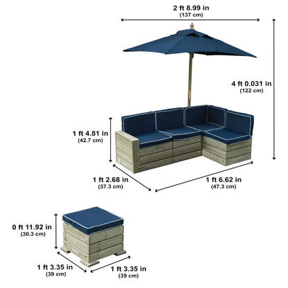 KidKraft Wooden Outdoor Sectional Ottoman & Umbrella Set with Cushions, Patio Furniture for Kids or Pets, Barnwood Gray & Navy