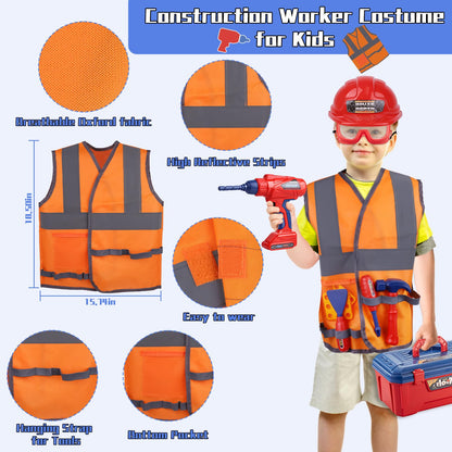 Magic4U Kids Tool Set, 49PCS Toddler Tool Set with Electronic Toy Drill,Tape Measure 12 Tool Equipements,Pretend Play Construction Coustume with Safety Vest Hat,Toy Tool Box for Kids Boy Girl Age 3-8