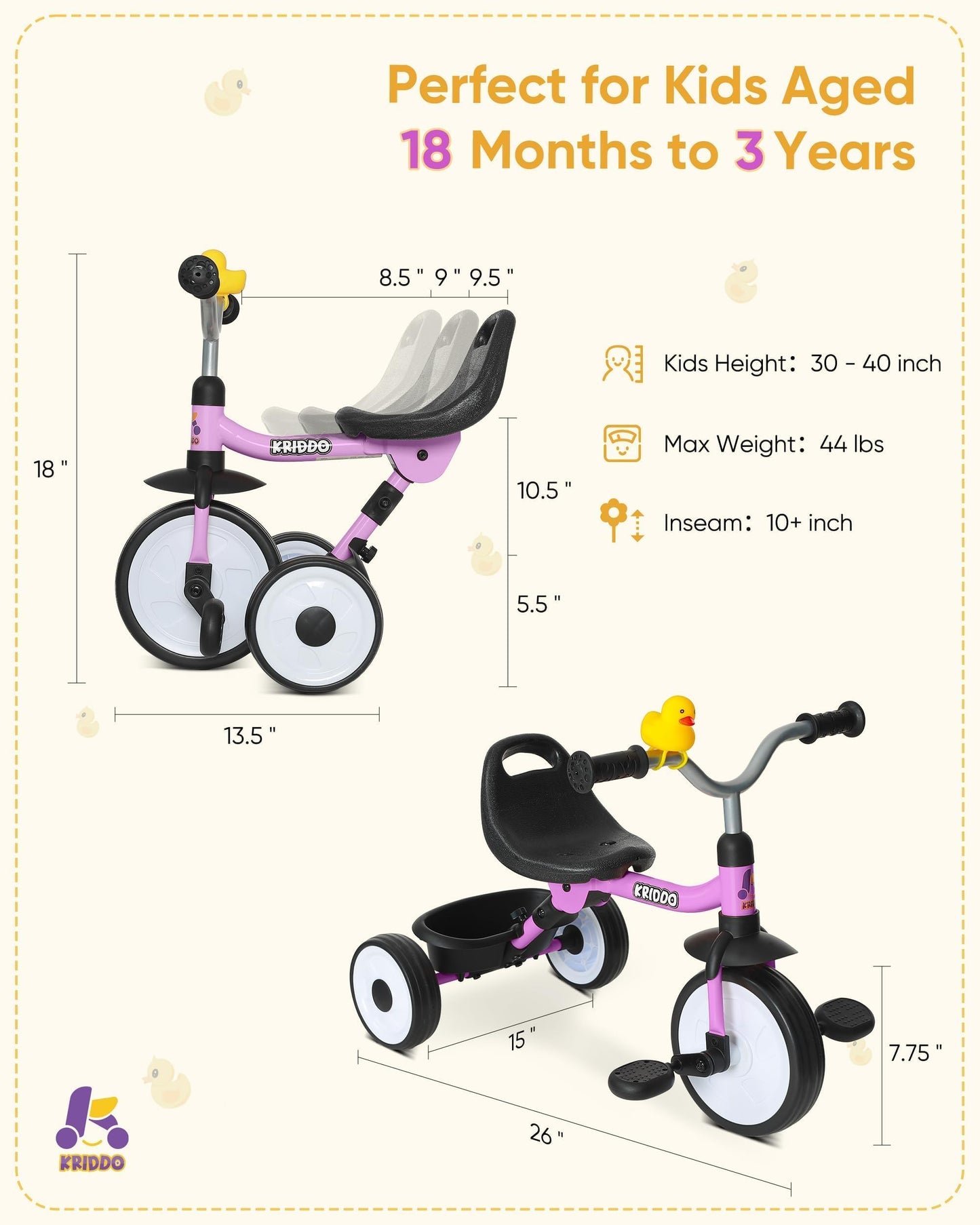 KRIDDO Foldable Kids Tricycle with Storage Basket