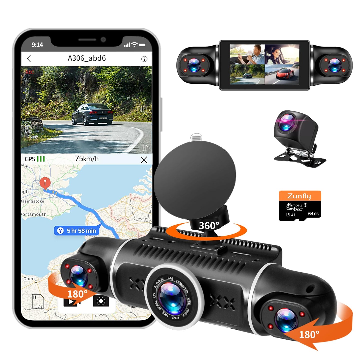 Zunfly 4 Channel Dash Cam, 360 Dash Camera FHD 1080P x 4 Dash Cam Front and Rear, 2K Front +1080P Inside*2 Car Camera with 64GB Card, Built-in WiFi GPS, Loop Recording, WDR, Night Vision