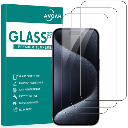 AVOAR 3 Pack Screen Protector for iPhone 15 Pro, 6.1 Inch HD Clear Tempered Glass Full Screen Case Friendly, Anti-Scratch, Bubble Free