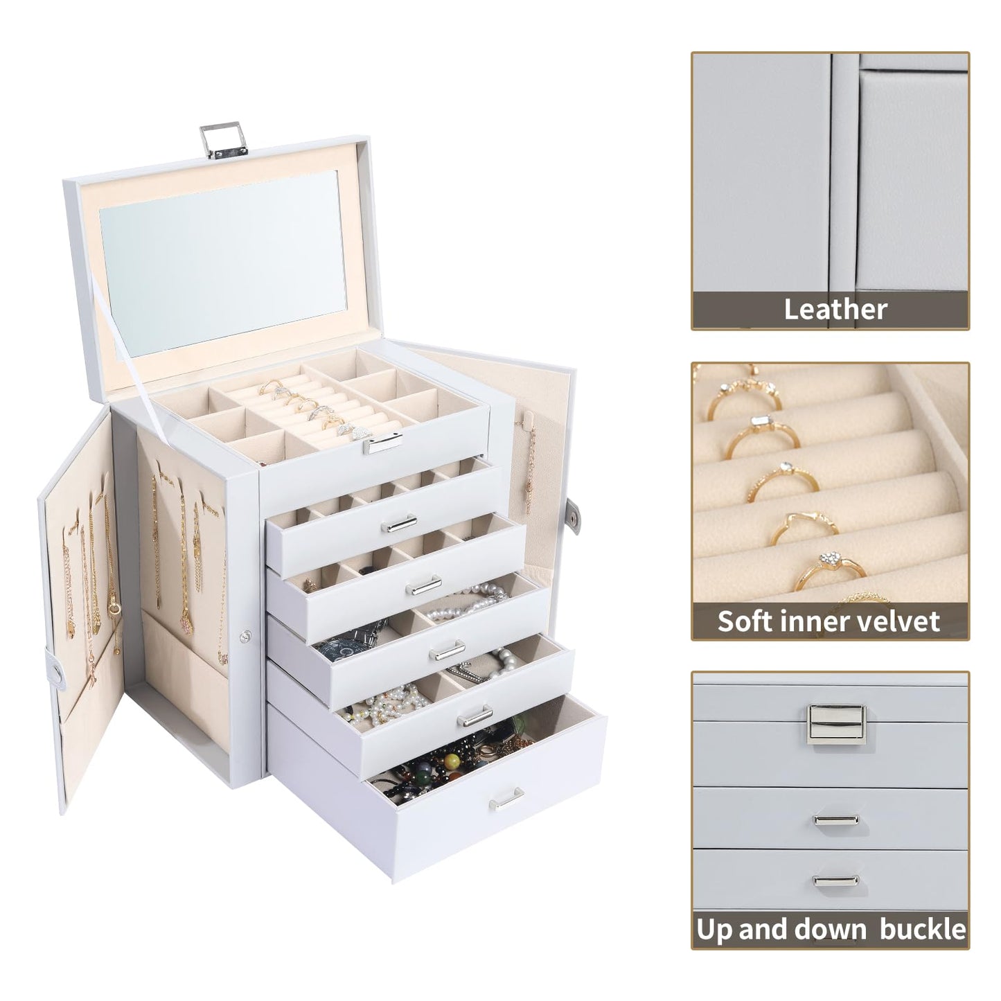 ASINGYER Jewelry Box for Women, 6 Layer Lockable Large Jewelry Holder Organizer with 5 Drawers for Jewelry Storage, Big Jewelry Box for Womens’ Christmas Gift (gray)