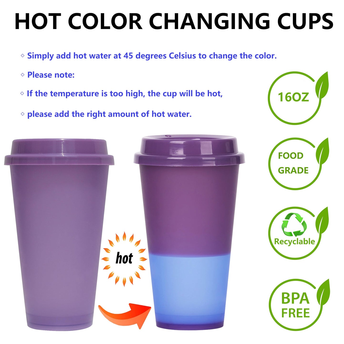 Alohastarttg Color Changing Coffee Cups, 16oz Reusable Coffee Cups with Lids, 12 Pack Hot Coffee Tumbler for Kids and Adult Party Favors, Leak-Proof, BPA-free, and Safe for Dishwashers(Deep purple)