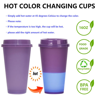Alohastarttg Color Changing Coffee Cups, 16oz Reusable Coffee Cups with Lids, 12 Pack Hot Coffee Tumbler for Kids and Adult Party Favors, Leak-Proof, BPA-free, and Safe for Dishwashers(Deep purple)