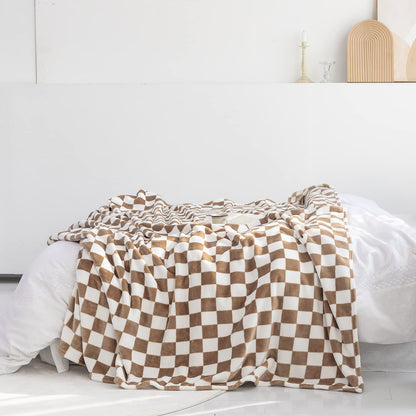 LOMAO Throw Blankets Flannel Blanket with Checkerboard Grid Pattern Soft Throw Blanket for Couch, Bed, Sofa Luxurious Warm and Cozy for All Seasons (Khaki, 50"x60")