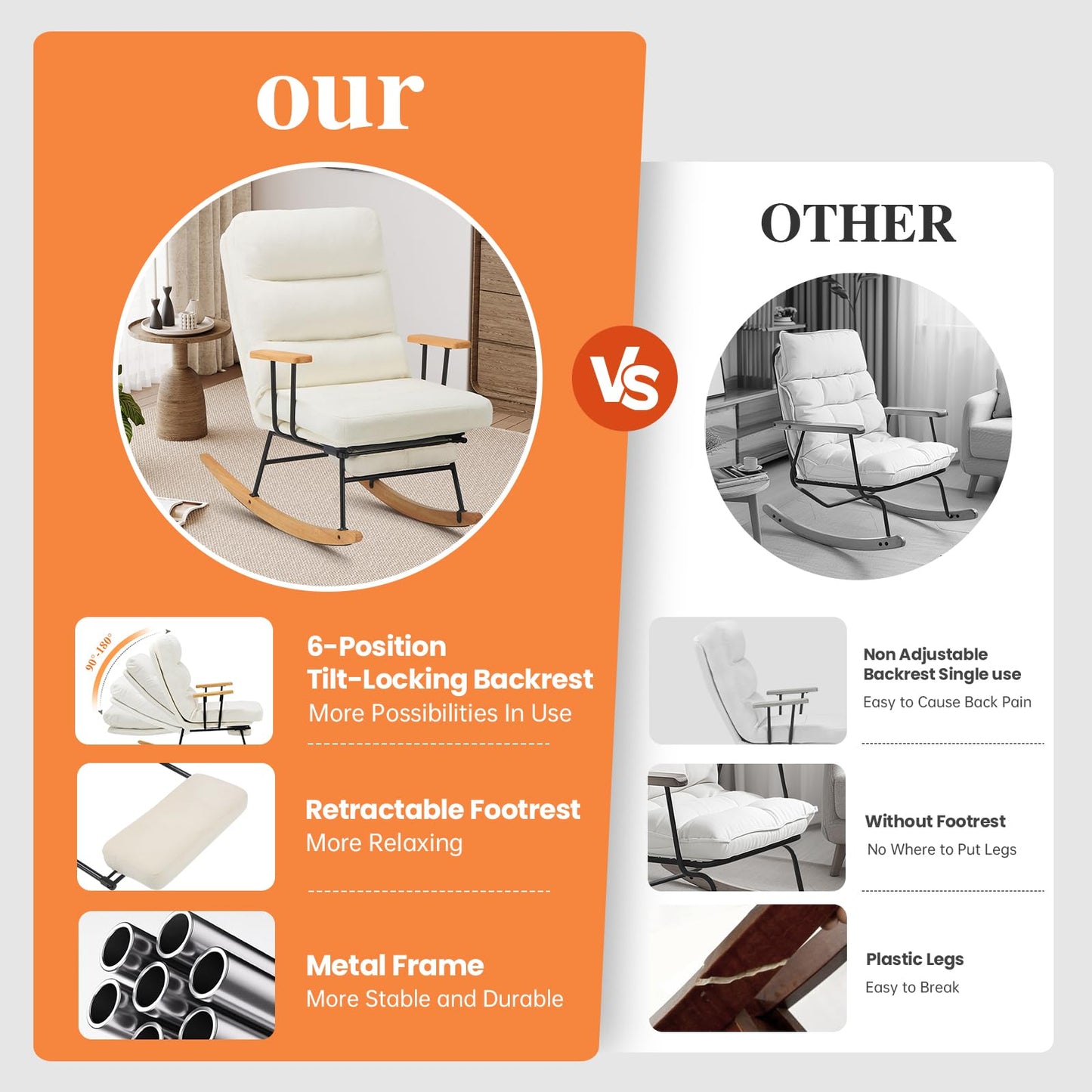 Glider Rocking Chair with Footrest and Adjustable Backrest