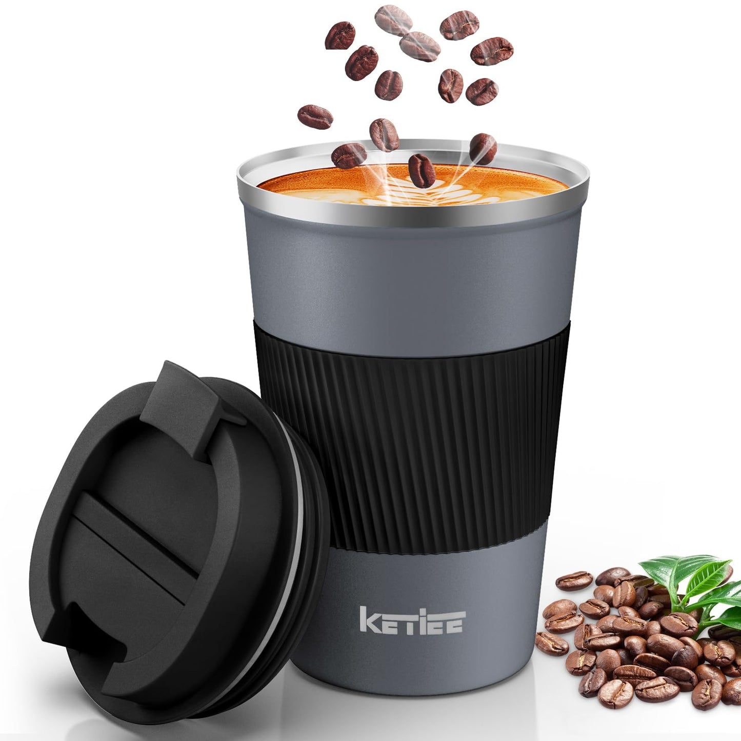 KETIEE Travel Coffee Mug 12oz: Insulated Coffee Cup with Leakproof Lid, Coffee Tumbler, Reusable Coffee Cups with Seal Lid, Vacuum Stainless Steel Coffee Mug to Go for Hot/Ice Coffee Tea (Grey)