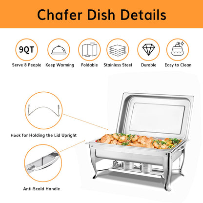 NEW Chafing Dish 9QT 2 PACK Stainless Steel food wamer folding leg chafer Hotel chafing dish 1/1 Buffet Set Foldable Chafer, Chafing dish Set with Fuel Holder, Chafing Servers with cover Food Clip
