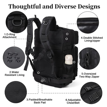 GreenLovesPet Tactical Backpack for Men and Women, 45L Large Capacity Military Backpack, Molle Backpack used for Outdoor Hiking, Fitness, Camping, Daily Work, Hunting