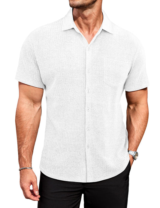 COOFANDY Men Muscle Fit Dress Shirts Slim Fit Knitted Short Sleeve Casual Button Down Shirt White
