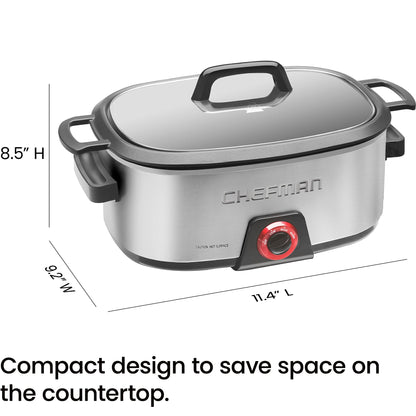 Chefman 6-Quart Slow Cooker, Electric Countertop Cooking, Stovetop & Oven-Safe Removable Insert for Browning & Sautéing, Family-Size Soups & Stews, Nonstick & Dishwasher-Safe Interior,Stainless Steel