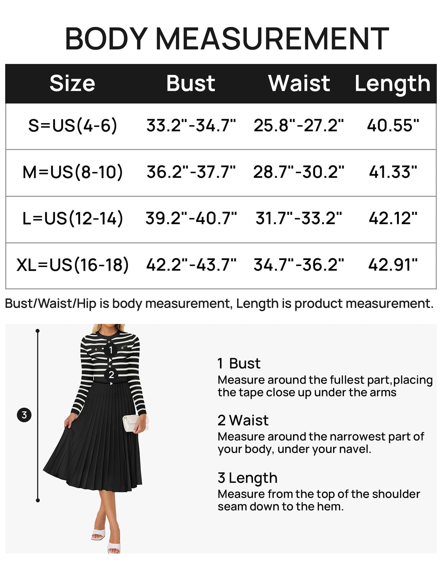 ZESICA Womens Long Sleeve Striped Midi Dresses Crewneck Button Ribbed Knit Pleated A Line Swing Sweater Dress,Black,Medium