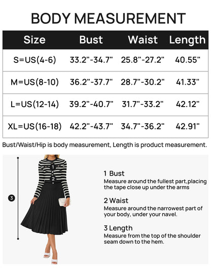 ZESICA Womens Long Sleeve Striped Midi Dresses Crewneck Button Ribbed Knit Pleated A Line Swing Sweater Dress,Black,Medium