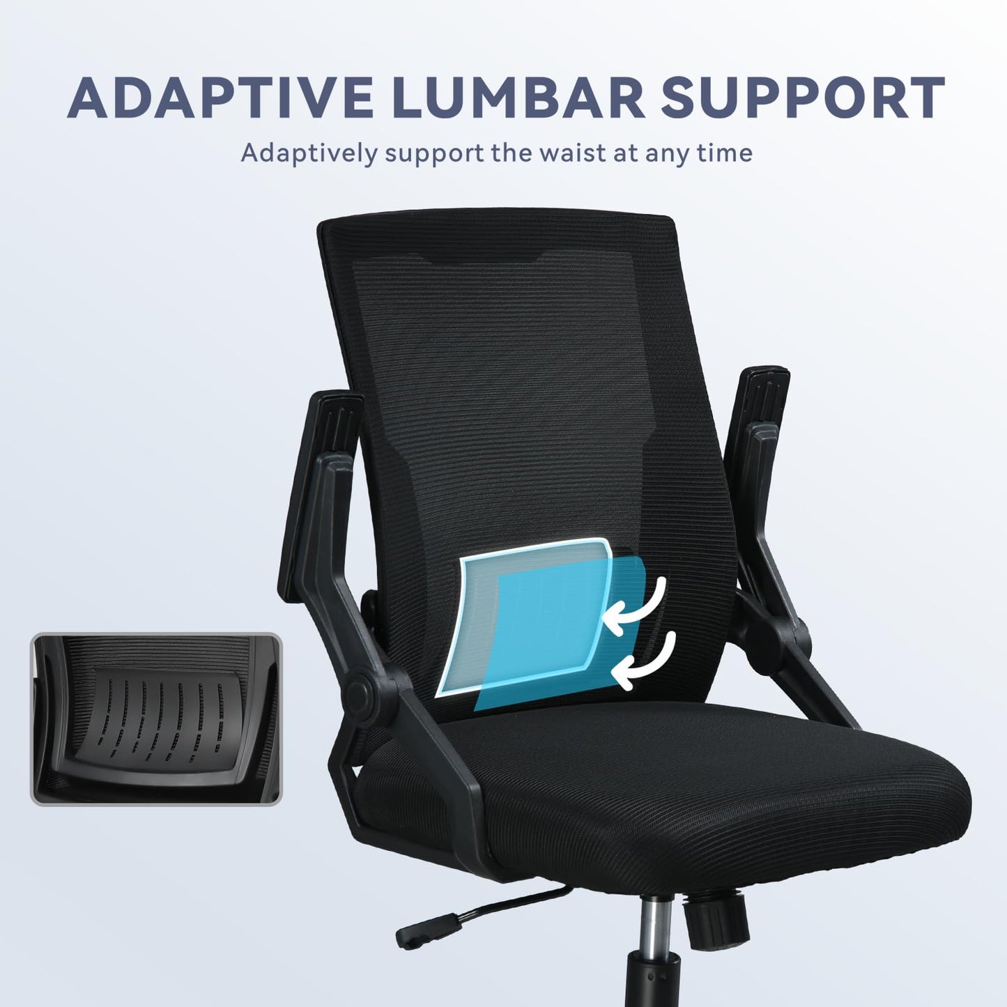 COMHOMA Office Chair with Flip-up Armrests Ergonomic Computer Desk Chair Foldable Mesh Task Chair with Wheels Adaptive Lumbar Support Swivel Tilt Comfortable Study Chair for Student, Black
