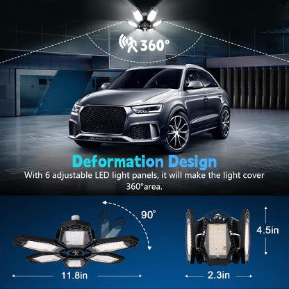 Myteaworld 2 Pack Motion Sensor Garage Light, 15000LM Ultra LED Shop Light Motion Activated, 6500K Daylight, 150W Deformable Garage Lighting for Attic, Workshop, Laundry Room, Basement(E26/E27 Screw)