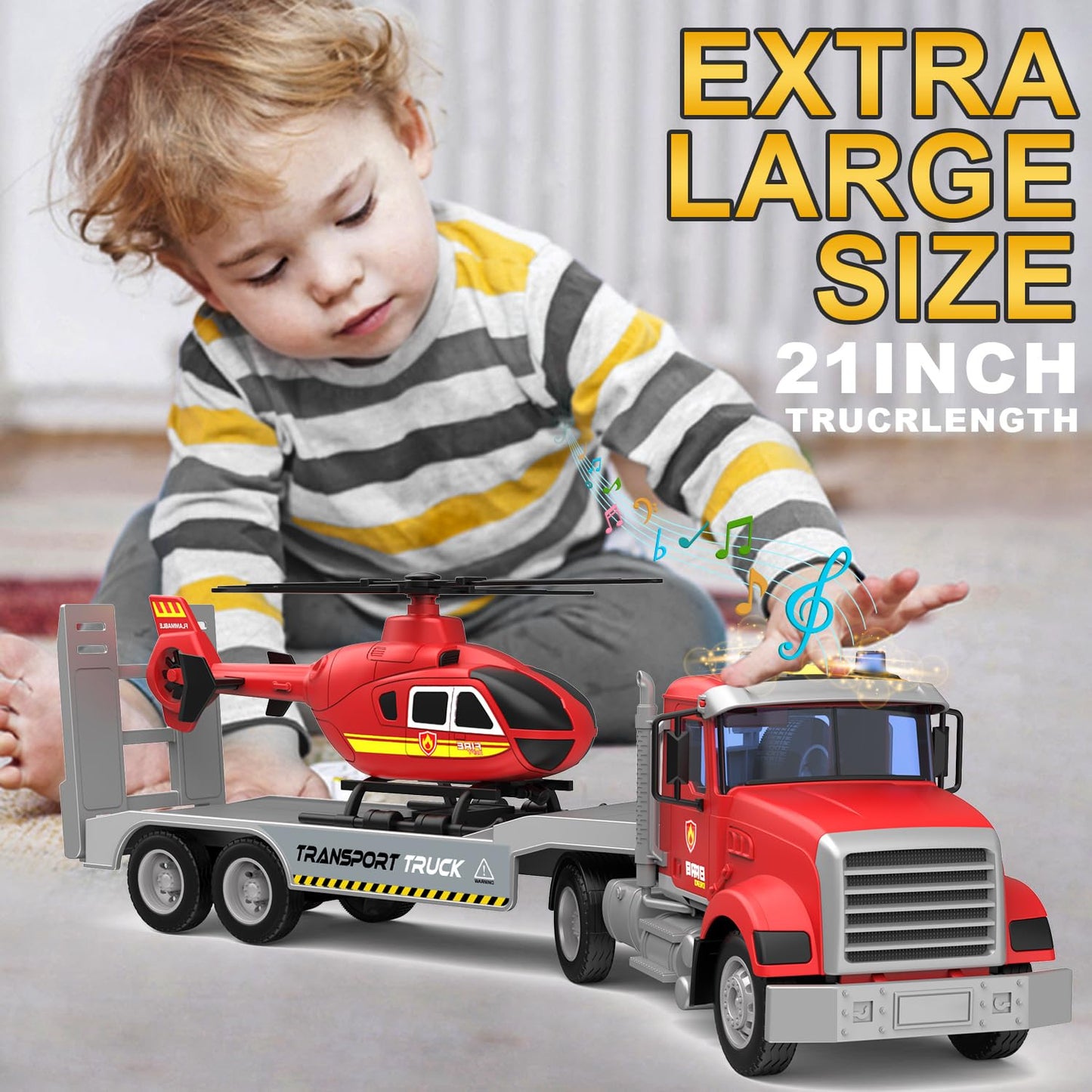 Fire Truck Toy with Helicopter for Kids