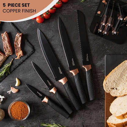 nuovva Kitchen Knife Block Set Copper 5 Piece Set with Knives Clear Acrylic Block Stainless Steel Blades