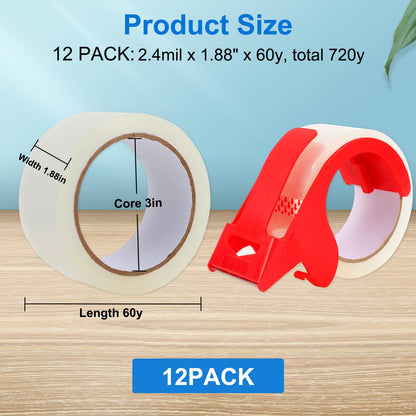 YUMIERO Clear Packing Tape 12 Rolls, Heavy Duty Packaging Tape with Dispenser, Refill for Shipping Packaging Moving Sealing, 2.4Mil 1.88 Inches 60 Yards, Total 720 Yards