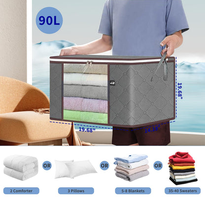 90L Large Storage Bag, 4 Pack Foldable Blanket Storage Bins, Clothing Storage Bins, Foldable Clothes Organizer and Storage Containers with Lids and Handle for Organizing Bedroom, Closet, Clothing