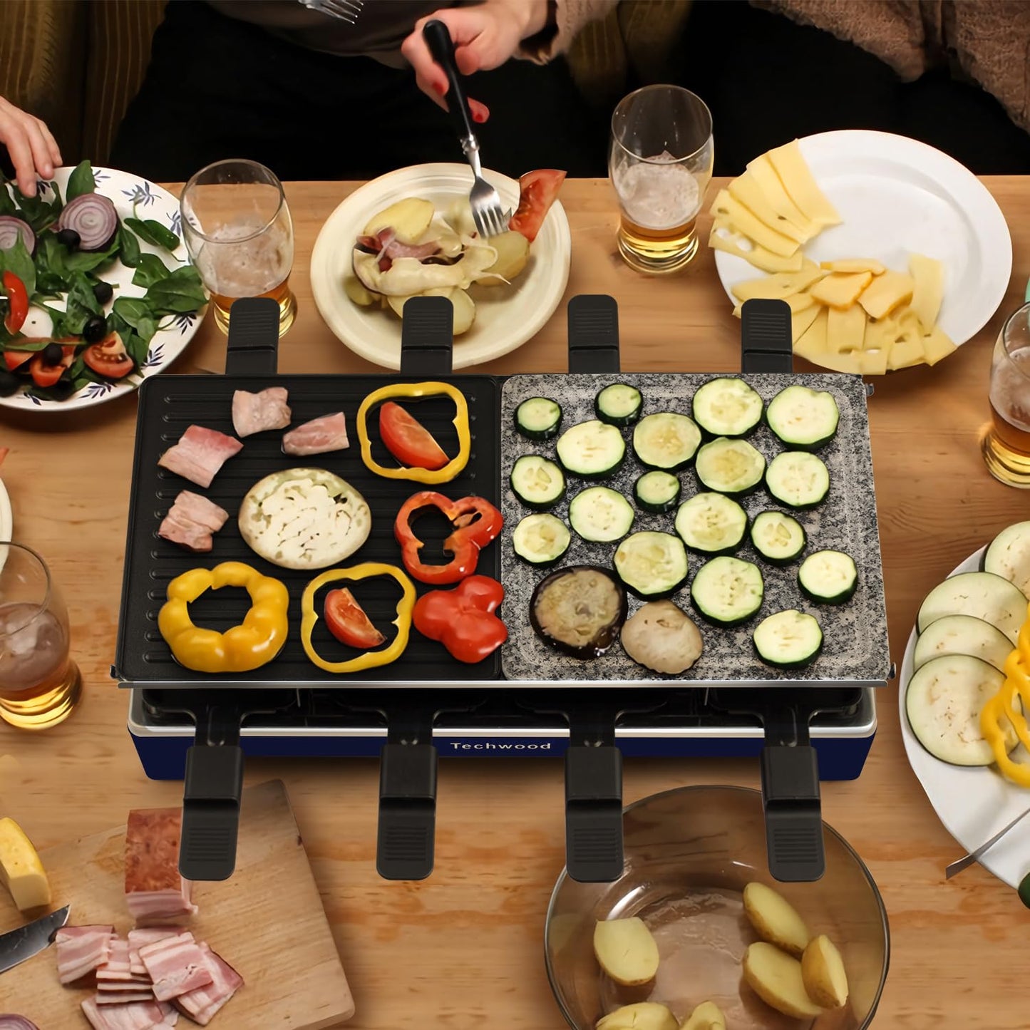 Raclette Table Grill, Techwood Electric Indoor Grill Korean BBQ Grill, Removable 2-in-1 Non-Stick Grill Plate, 1500W Fast Heating with 8 Cheese Melt Pans, Ideal for Parties and Family Fun