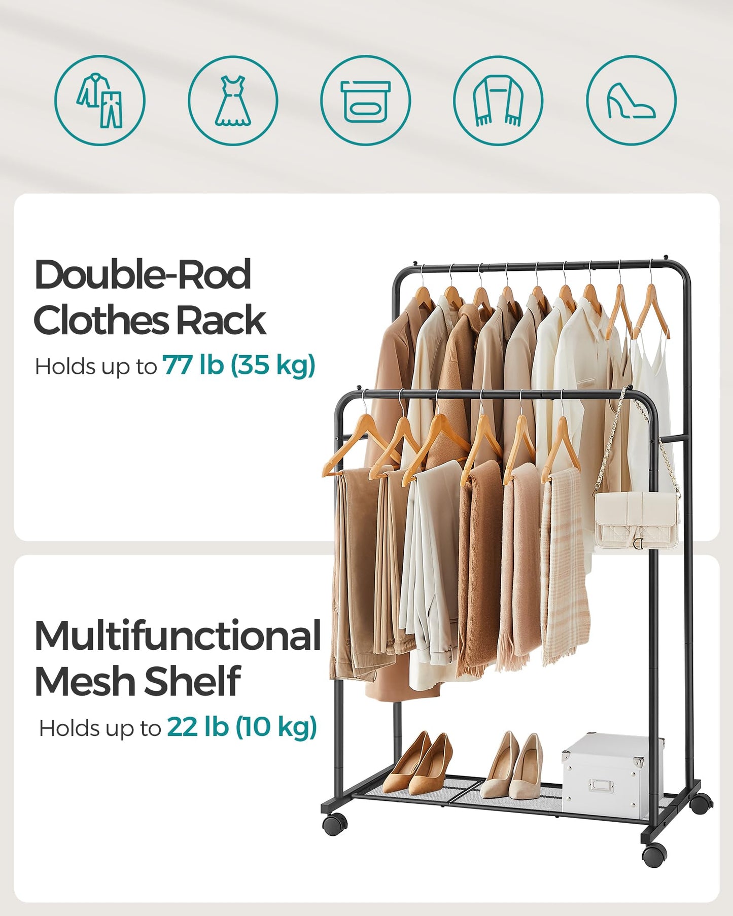 SONGMICS Heavy Duty Clothes Rack with Wheels