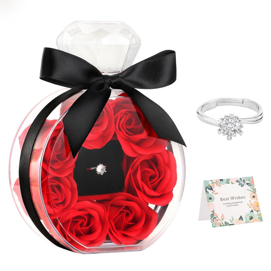 CECEIN Preserved Rose with Rings Gifts Birthstone Jewelry Artificial 7 Flower for Women Girlfriend Wife Mom Grandma Valentines Mothers Day Anniversary Birthday Unique Romantic Gifts